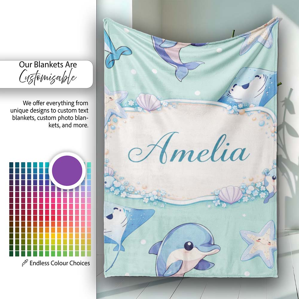 Cute Dolphin Stingray Starfish Cartoon Sea Life Pattern Mint Lovely  Personalised Custom Name Super Soft Fleece Blanket Bed Sofa Throw