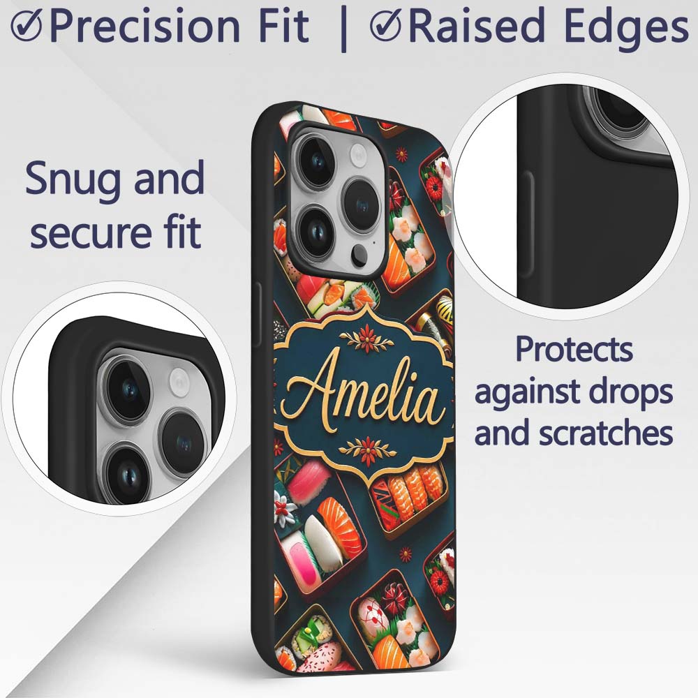 Assorted Sushi Bento Boxes with Fresh Ingredients Custom Name Protective Phone Case Mobile Cover Durable Everyday Smartphone Shock Resistant