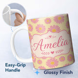 Personalized Custom Name Pink Daisy Floral Pattern on Soft Yellow Background Seamless Pattern 11oz Ceramic Coffee Tea Mug White Large Handle
