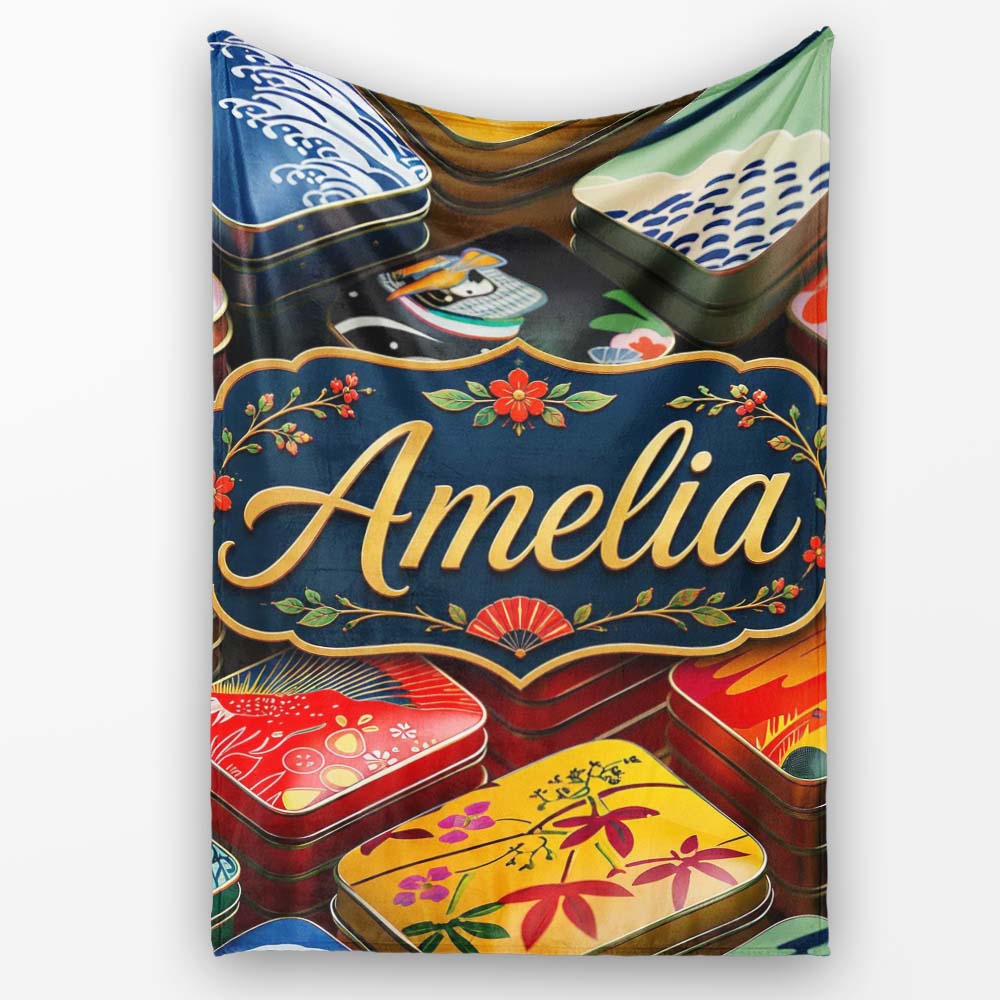Decorative Japanese Bento Box Lids with Floral and Wave Patterns  Personalised Custom Name Super Soft Fleece Blanket Bed Sofa Throw