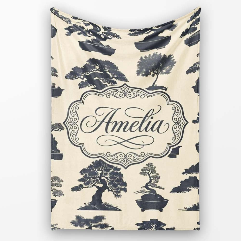 Japanese Bonsai Tree Silhouettes in Pots on Beige Background Lovely  Personalised Custom Name Super Soft Fleece Blanket Bed Sofa Throw