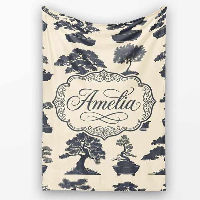 Japanese Bonsai Tree Silhouettes in Pots on Beige Background Lovely  Personalised Custom Name Super Soft Fleece Blanket Bed Sofa Throw