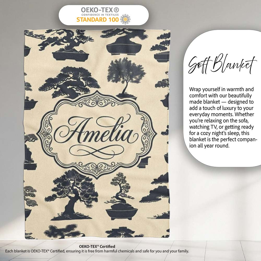 Japanese Bonsai Tree Silhouettes in Pots on Beige Background Lovely  Personalised Custom Name Super Soft Fleece Blanket Bed Sofa Throw