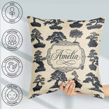 Custom Name Bonsai Tree Silhouettes in Pots on Beige Background Square Filled Cushion Throw Pillow Sofa Bed Home Decor Zip Washable UK Made