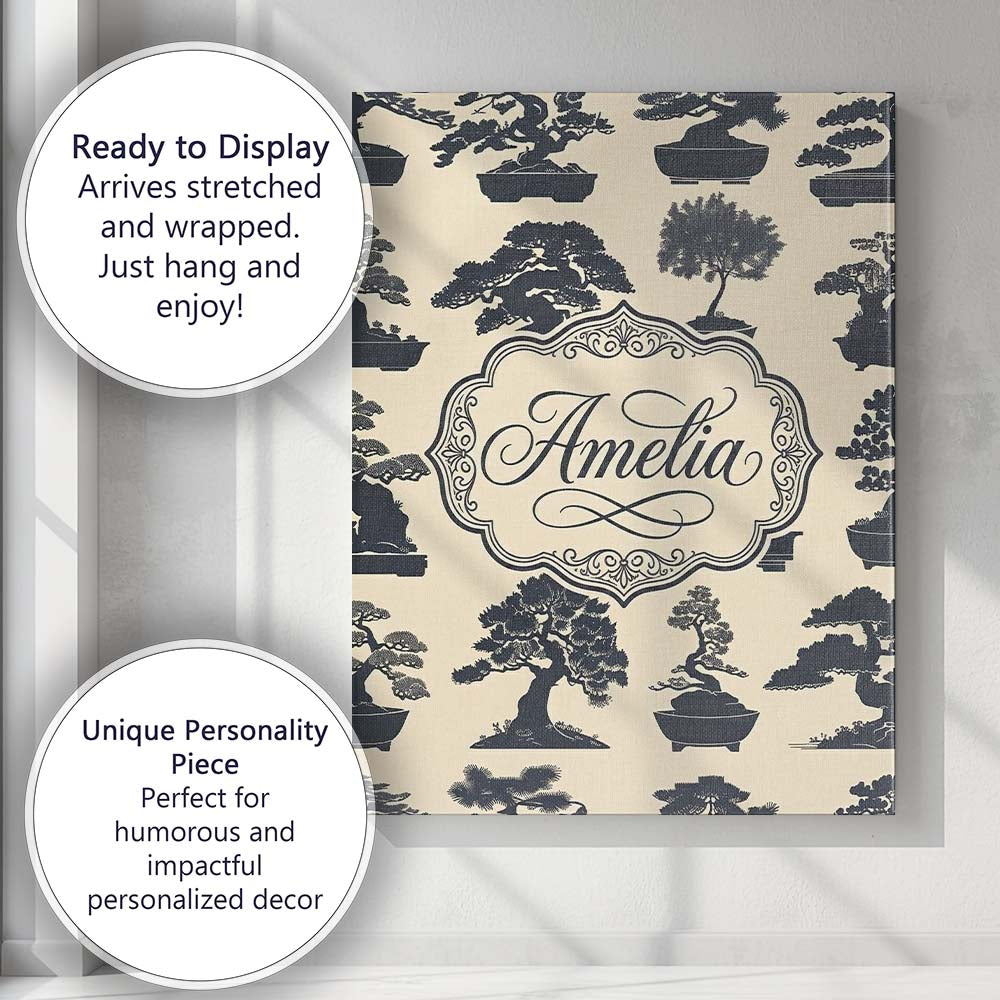 Personalised Name Japanese Bonsai Tree Custom  Modern Room Accent Elegant Feature Canvas Wall Art Print Decor Picture Ready to Hang