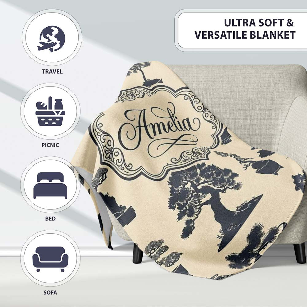 Japanese Bonsai Tree Silhouettes in Pots on Beige Background Lovely  Personalised Custom Name Super Soft Fleece Blanket Bed Sofa Throw