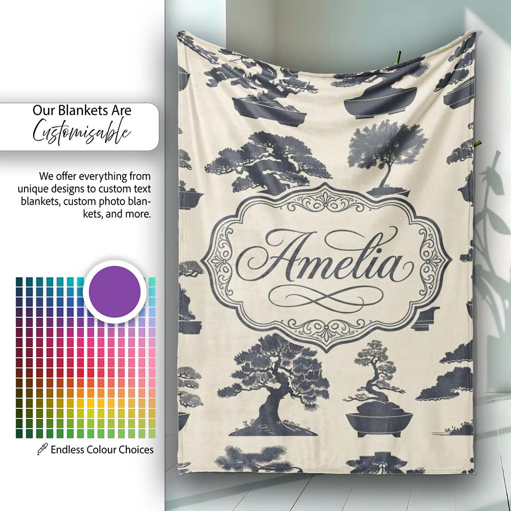 Japanese Bonsai Tree Silhouettes in Pots on Beige Background Lovely  Personalised Custom Name Super Soft Fleece Blanket Bed Sofa Throw