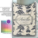 Japanese Bonsai Tree Silhouettes in Pots on Beige Background Lovely  Personalised Custom Name Super Soft Fleece Blanket Bed Sofa Throw