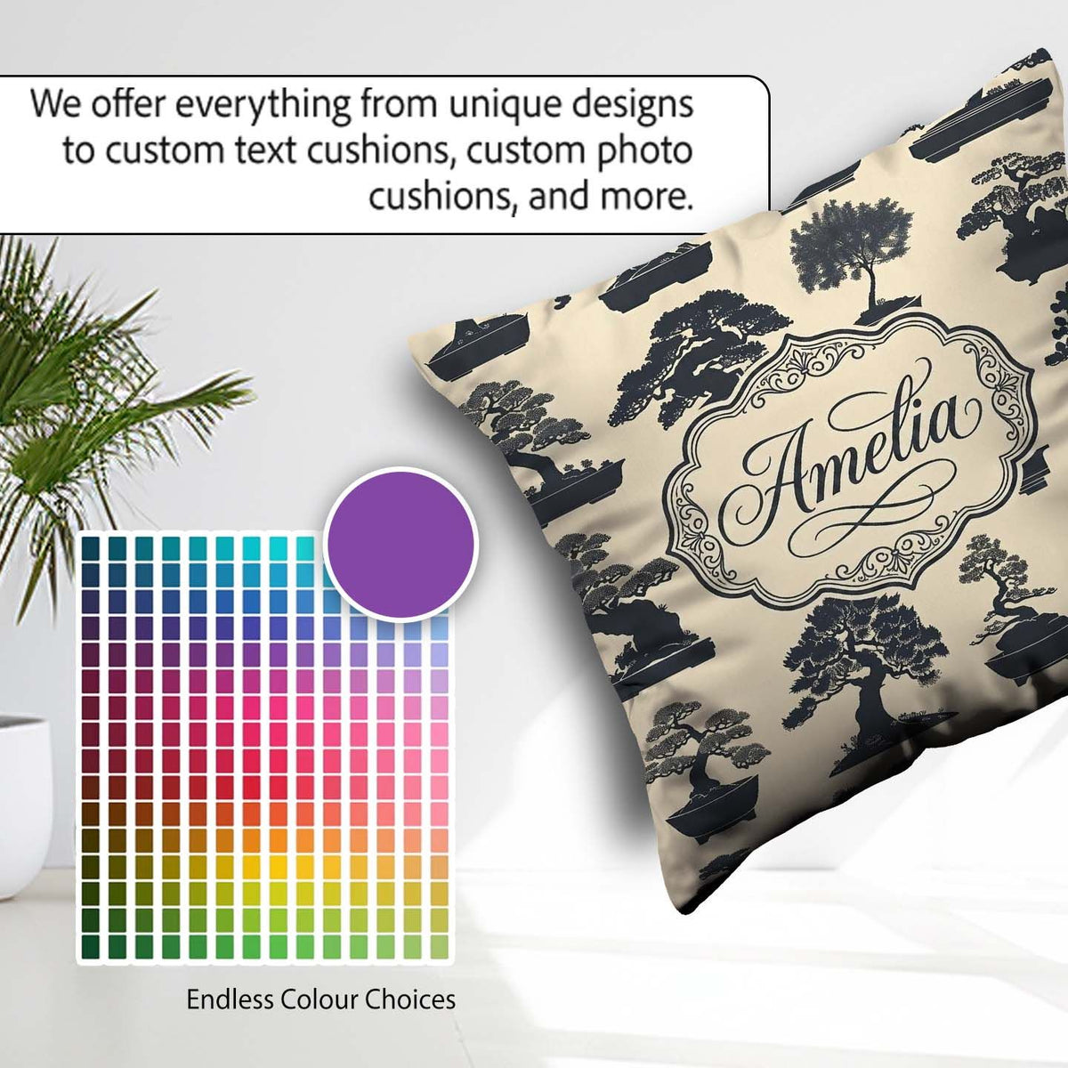 Custom Name Bonsai Tree Silhouettes in Pots on Beige Background Square Filled Cushion Throw Pillow Sofa Bed Home Decor Zip Washable UK Made