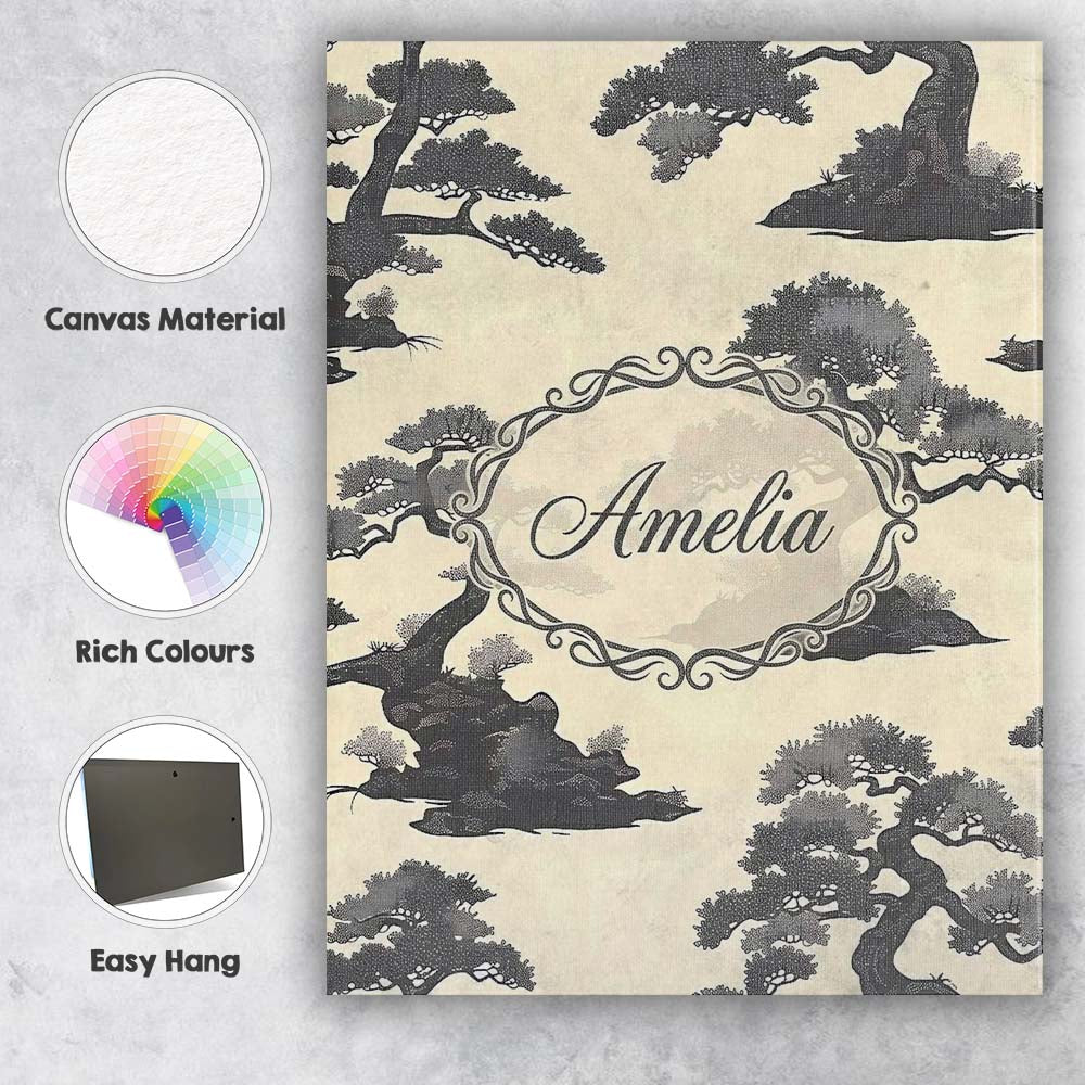 Personalised Name Elegant Bonsai Trees on Custom  Bespoke Decorative Contemporary Canvas Wall Art Print Decor Picture Ready to Hang