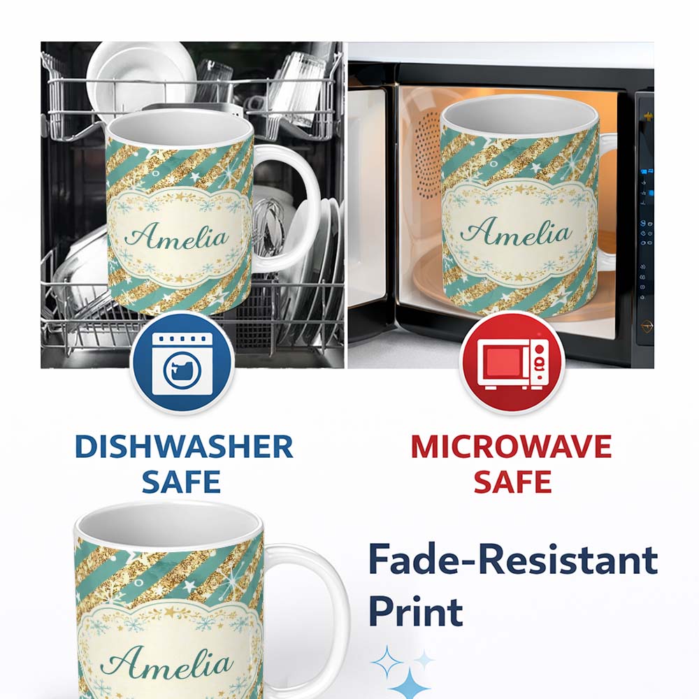 Personalized Custom Name Gold Glitter Stripe Stars Snowflakes Festive Seamless Pattern Lovely 11oz Ceramic Coffee Tea Mug White Large Handle