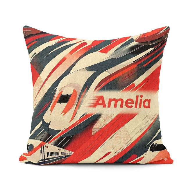 Custom Name Dynamic Bullet Train Motion with Red and Black Lines Square Filled Cushion Throw Pillow Sofa Bed Home Decor Zip Washable UK Made