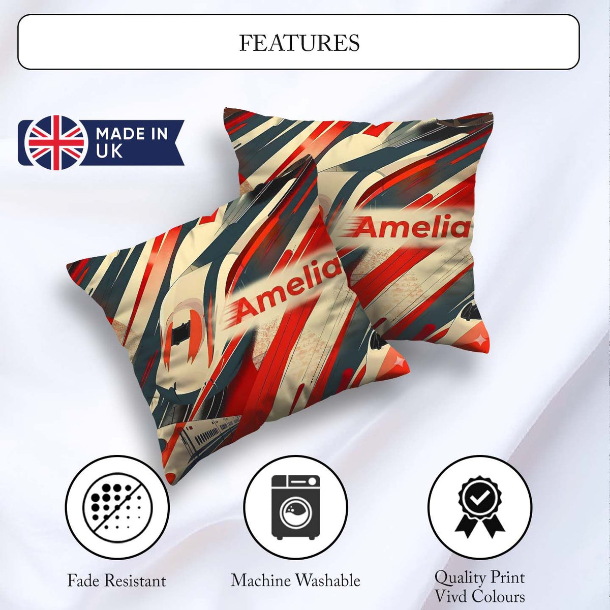 Custom Name Dynamic Bullet Train Motion with Red and Black Lines Square Filled Cushion Throw Pillow Sofa Bed Home Decor Zip Washable UK Made