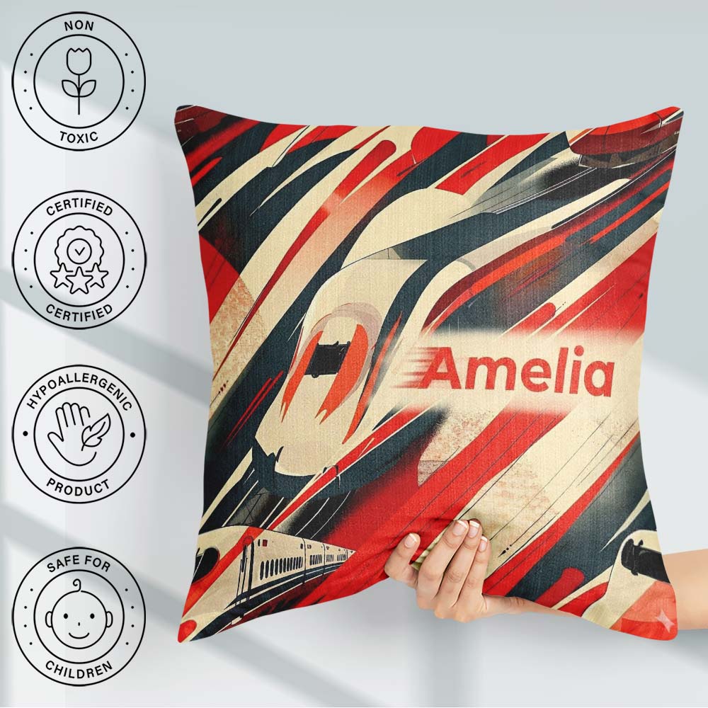 Custom Name Dynamic Bullet Train Motion with Red and Black Lines Square Filled Cushion Throw Pillow Sofa Bed Home Decor Zip Washable UK Made