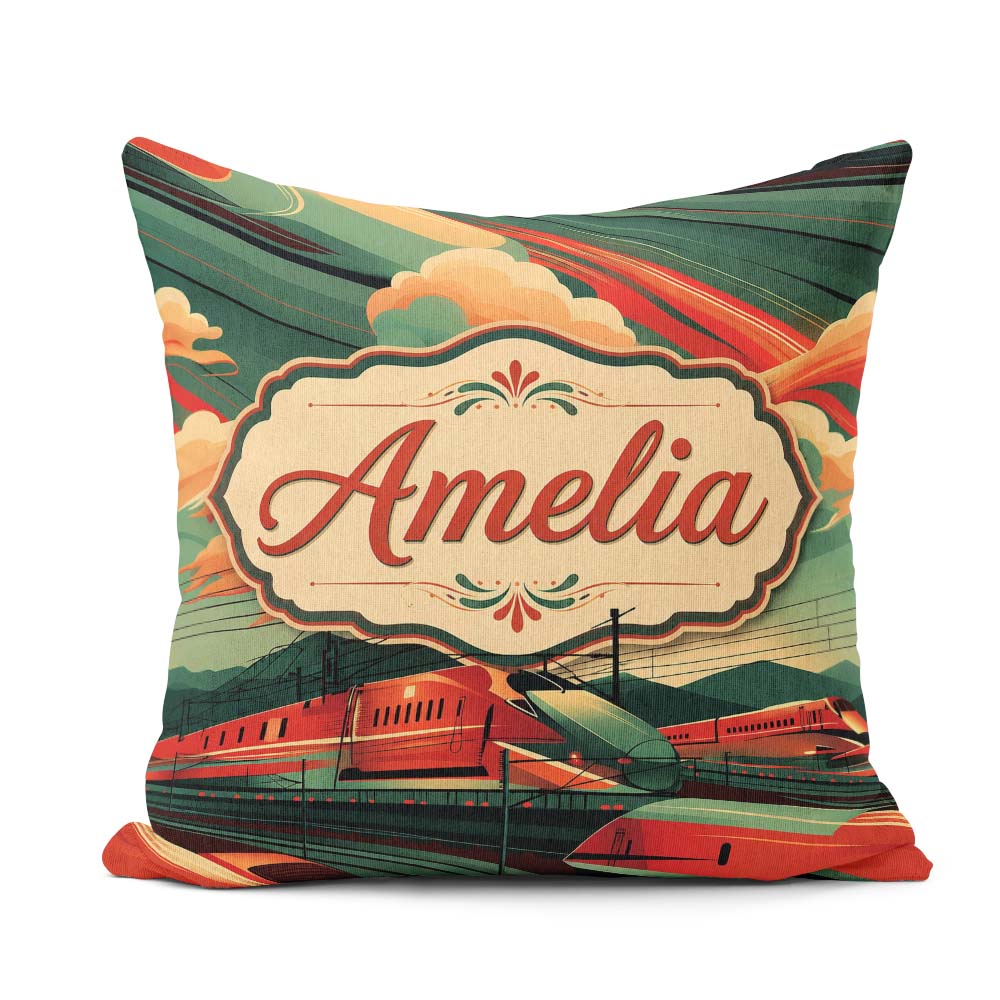 Custom Name High Speed Train Landscape with Power and Sunset Sky Square Filled Cushion Throw Pillow Sofa Bed Home Decor Zip Washable UK Made
