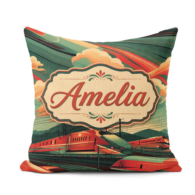 Custom Name High Speed Train Landscape with Power and Sunset Sky Square Filled Cushion Throw Pillow Sofa Bed Home Decor Zip Washable UK Made
