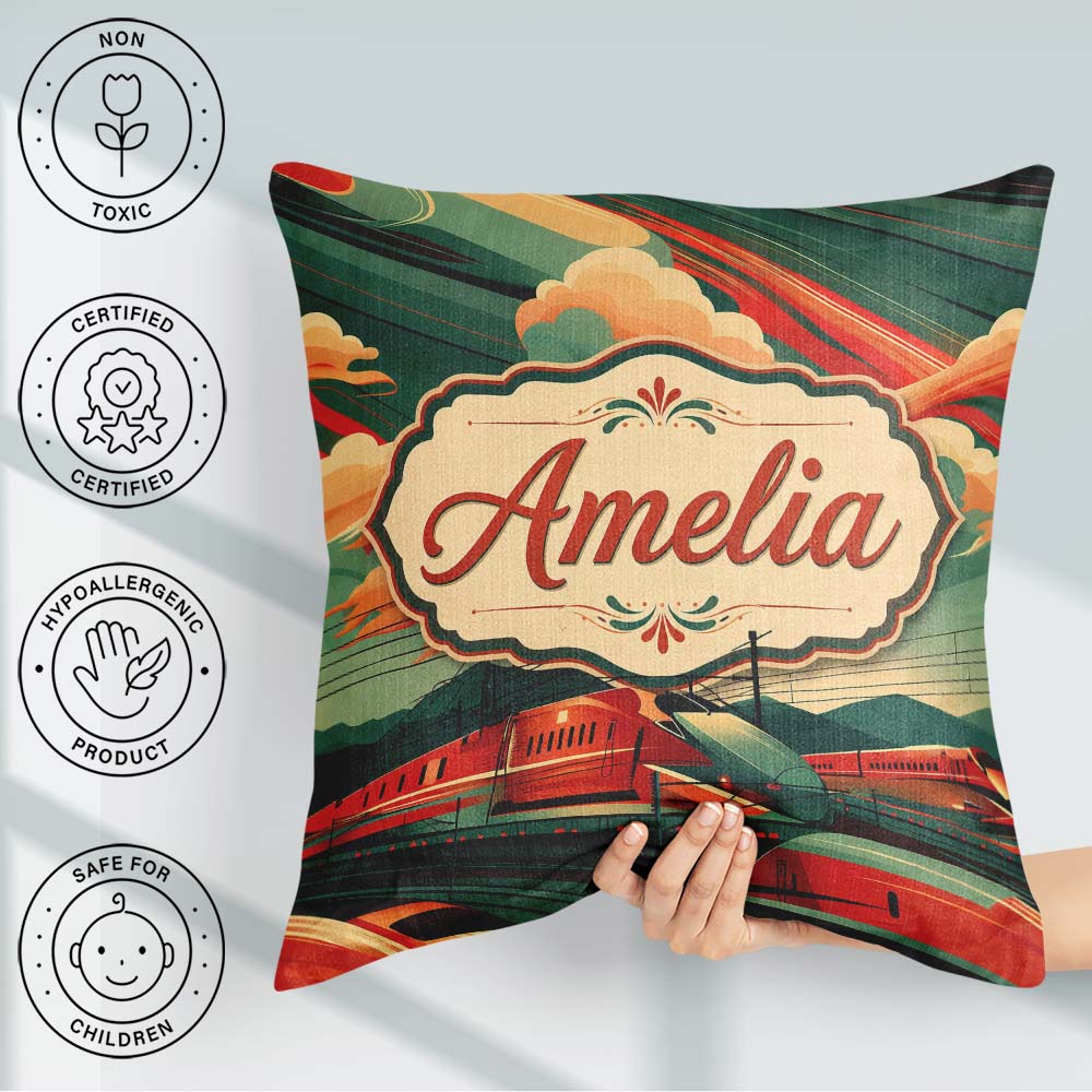Custom Name High Speed Train Landscape with Power and Sunset Sky Square Filled Cushion Throw Pillow Sofa Bed Home Decor Zip Washable UK Made