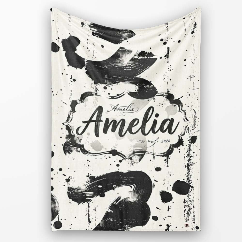 Expressive Black Ink Calligraphy Brush Marks on Neutral Background  Personalised Custom Name Super Soft Fleece Blanket Bed Sofa Throw