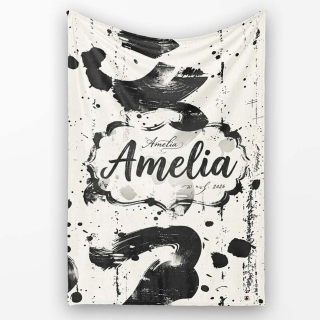 Expressive Black Ink Calligraphy Brush Marks on Neutral Background  Personalised Custom Name Super Soft Fleece Blanket Bed Sofa Throw