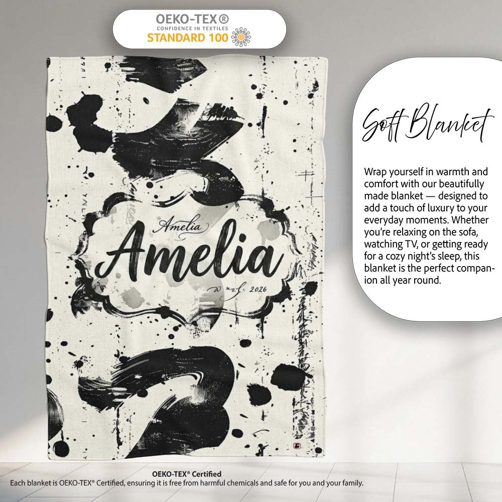 Expressive Black Ink Calligraphy Brush Marks on Neutral Background  Personalised Custom Name Super Soft Fleece Blanket Bed Sofa Throw