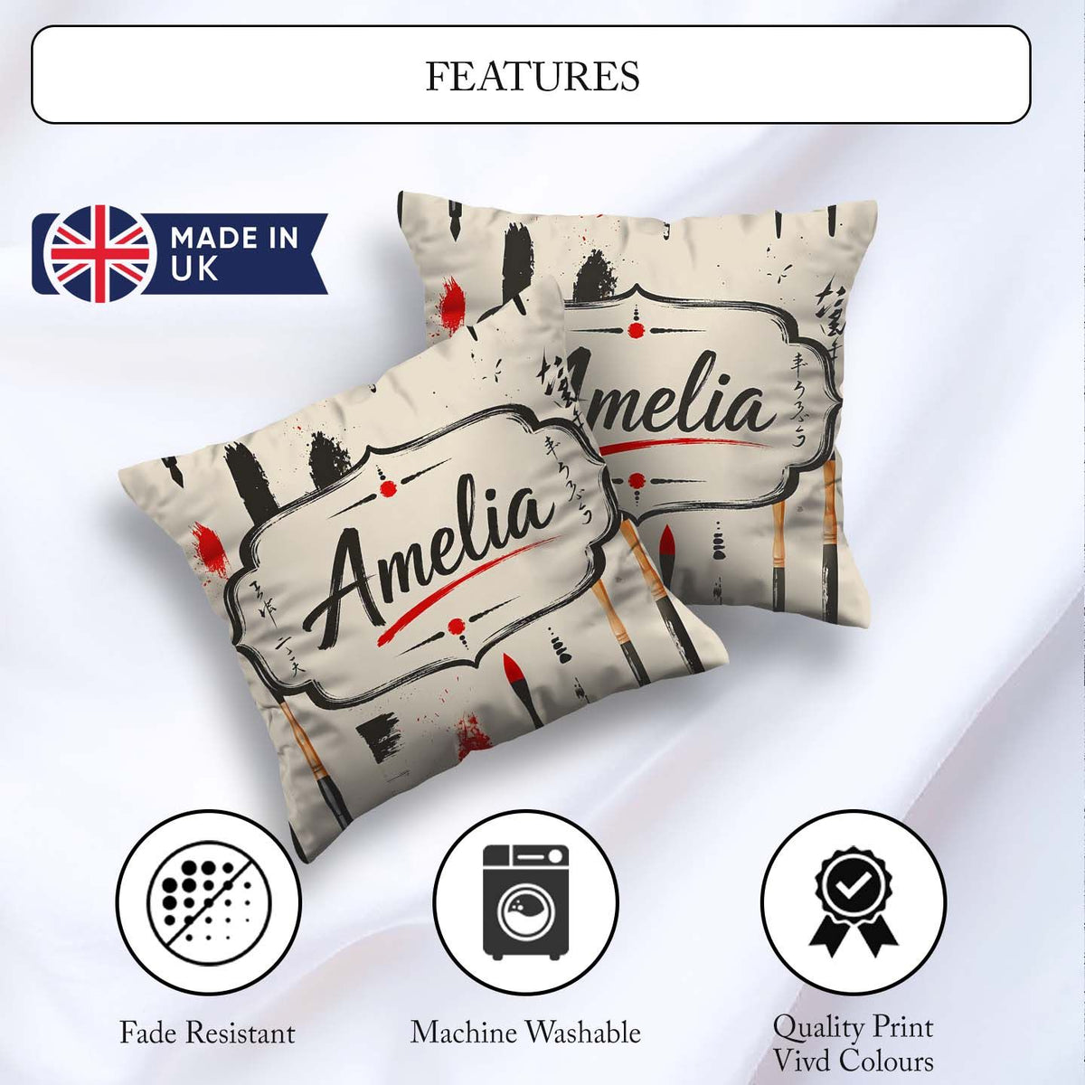 Custom Name Traditional Japanese Tools and Brush Strokes Layout Square Filled Cushion Throw Pillow Sofa Bed Home Decor Zip Washable UK Made