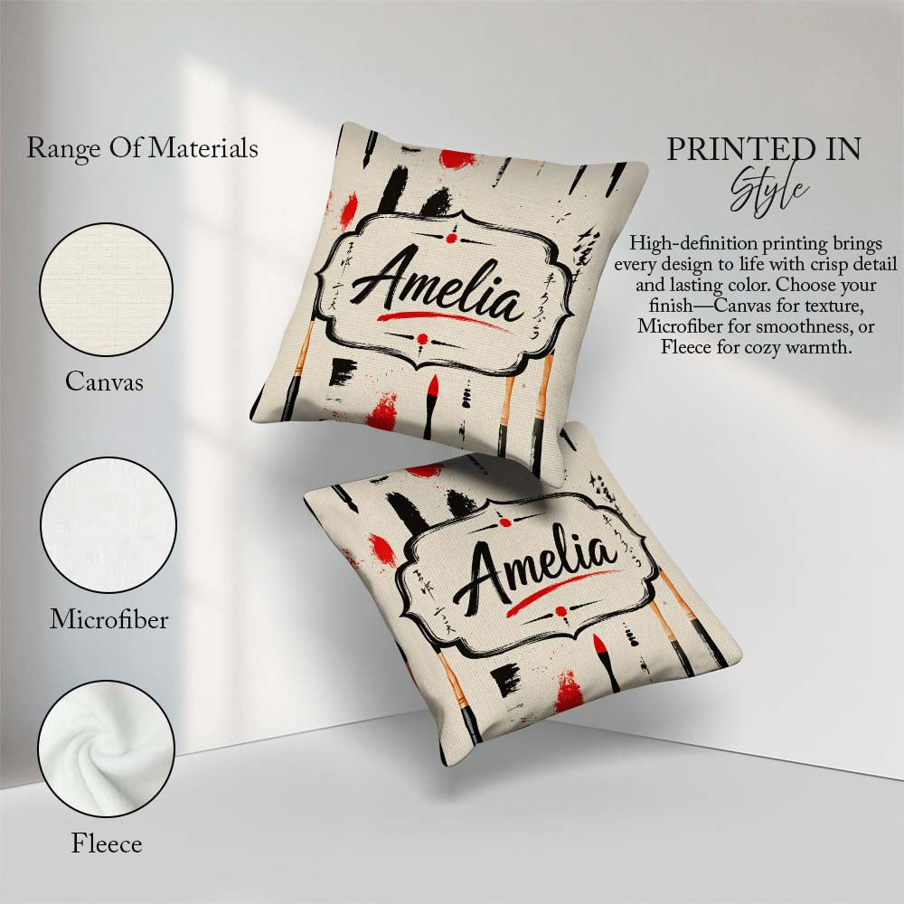 Custom Name Traditional Japanese Tools and Brush Strokes Layout Square Filled Cushion Throw Pillow Sofa Bed Home Decor Zip Washable UK Made