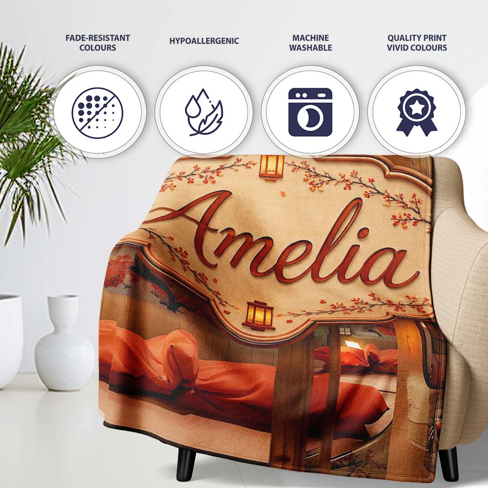 Japanese Capsule Bedroom Interior with Warm Lighting Modern Living  Personalised Custom Name Super Soft Fleece Blanket Bed Sofa Throw