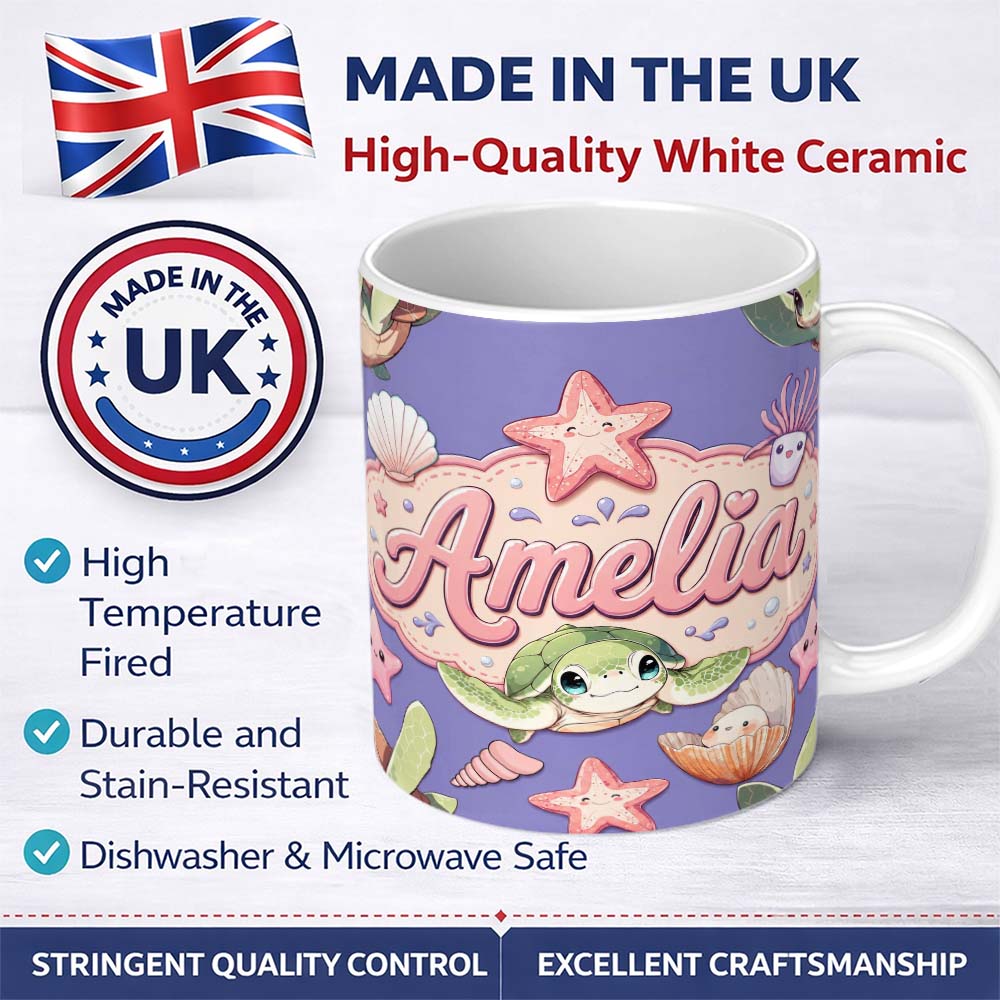 Personalized Custom Name Cute Kawaii Sea Turtle Starfish Shells Ocean Friends Lavender Lovely 11oz Ceramic Coffee Tea Mug White Large Handle