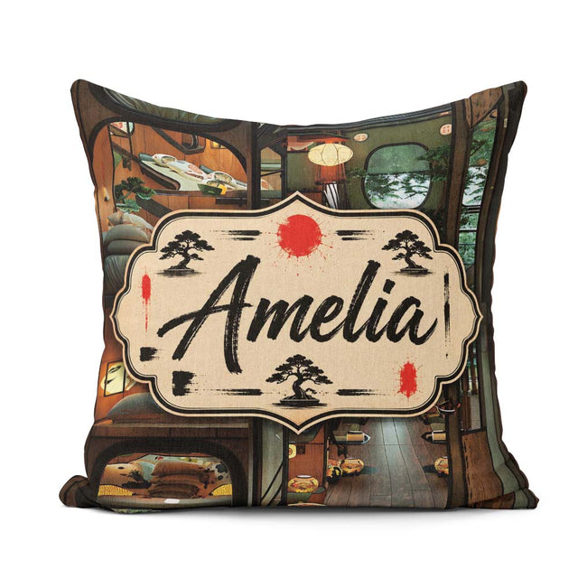 Custom Name Modern Japanese Capsule Interior with Wooden Details Square Filled Cushion Throw Pillow Sofa Bed Home Decor Zip Washable UK Made