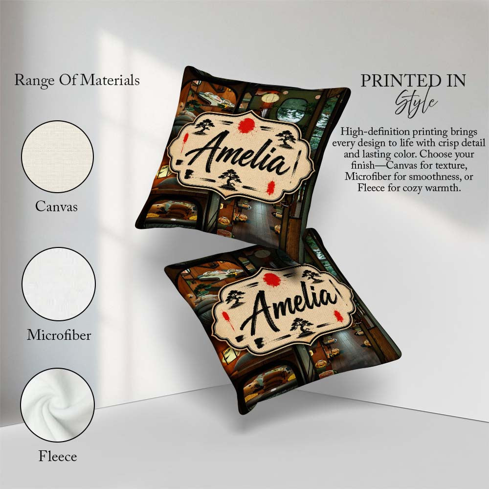 Custom Name Modern Japanese Capsule Interior with Wooden Details Square Filled Cushion Throw Pillow Sofa Bed Home Decor Zip Washable UK Made