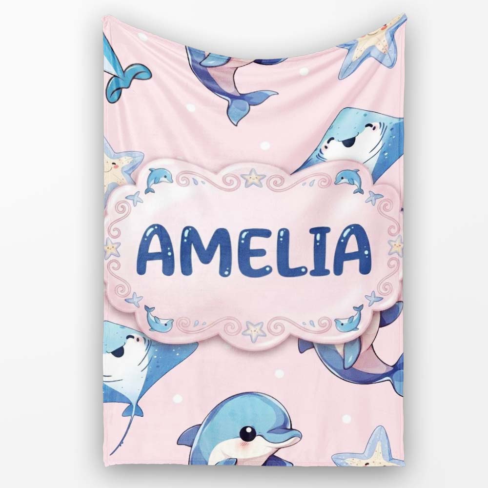 Cute Dolphin Stingray Starfish Cartoon Sea Life Pattern Pink Lovely  Personalised Custom Name Super Soft Fleece Blanket Bed Sofa Throw