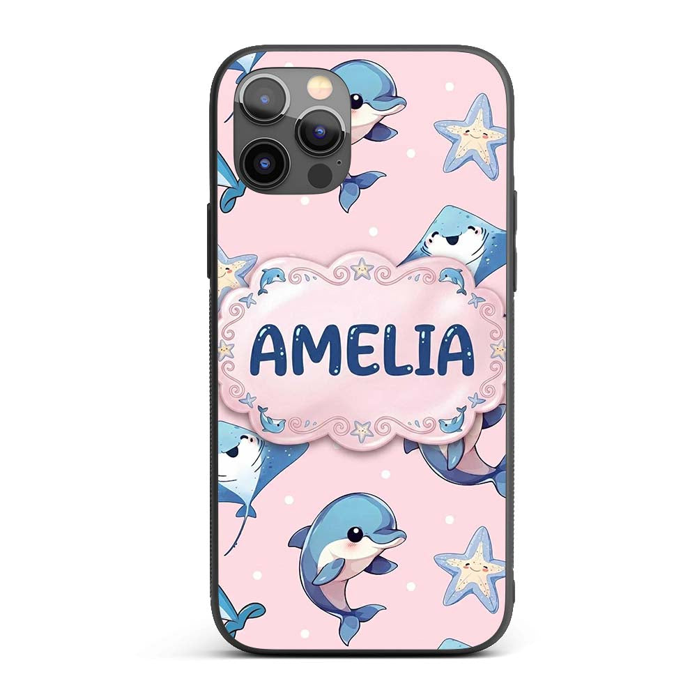 Cute Dolphin Stingray Starfish Cartoon Sea Life Custom Name Protective Phone Case Mobile Cover Durable Everyday Smartphone Shock Resistant