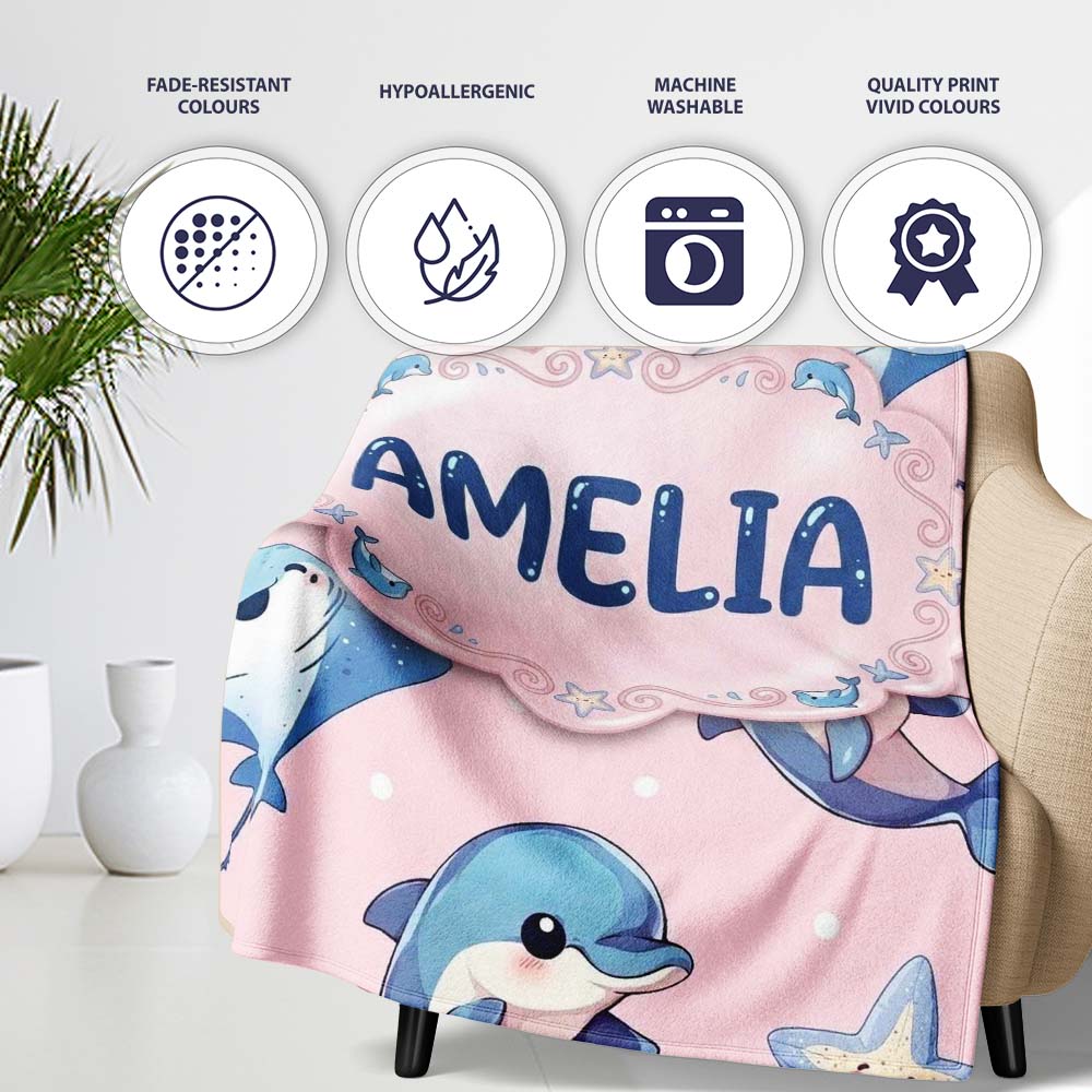 Cute Dolphin Stingray Starfish Cartoon Sea Life Pattern Pink Lovely  Personalised Custom Name Super Soft Fleece Blanket Bed Sofa Throw