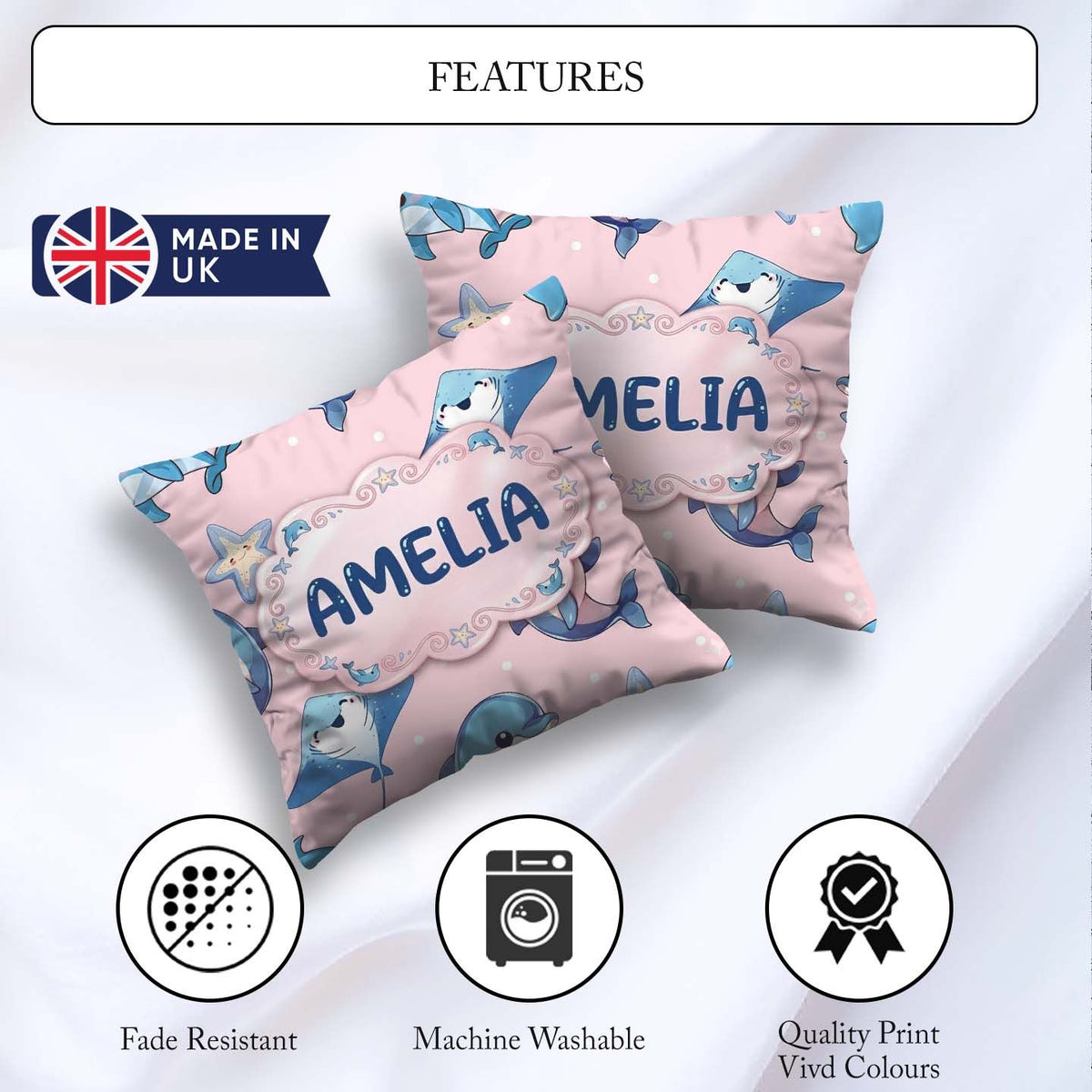 Custom Name Cute Dolphin Stingray Starfish Cartoon Sea Life Pink Square Filled Cushion Throw Pillow Sofa Bed Home Decor Zip Washable UK Made