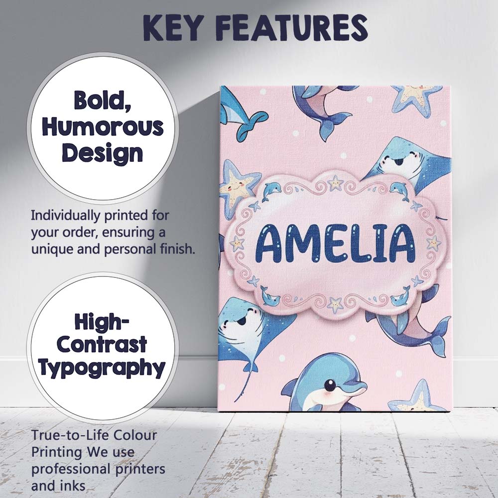 Personalised Name Cute Dolphin Stingray Starfish Cartoon Sea Life Custom  Bespoke Canvas Wall Art Print Decor Picture Ready to Hang