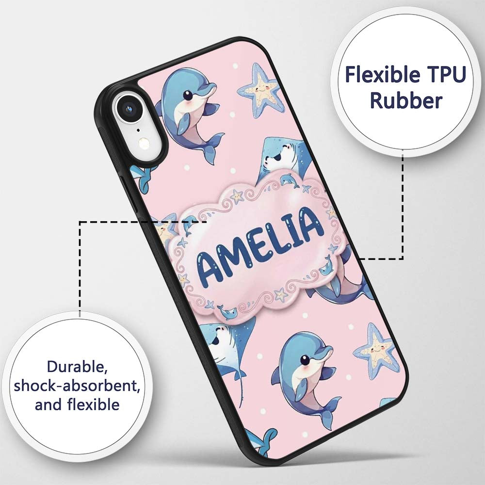 Cute Dolphin Stingray Starfish Cartoon Sea Life Custom Name Protective Phone Case Mobile Cover Durable Everyday Smartphone Shock Resistant