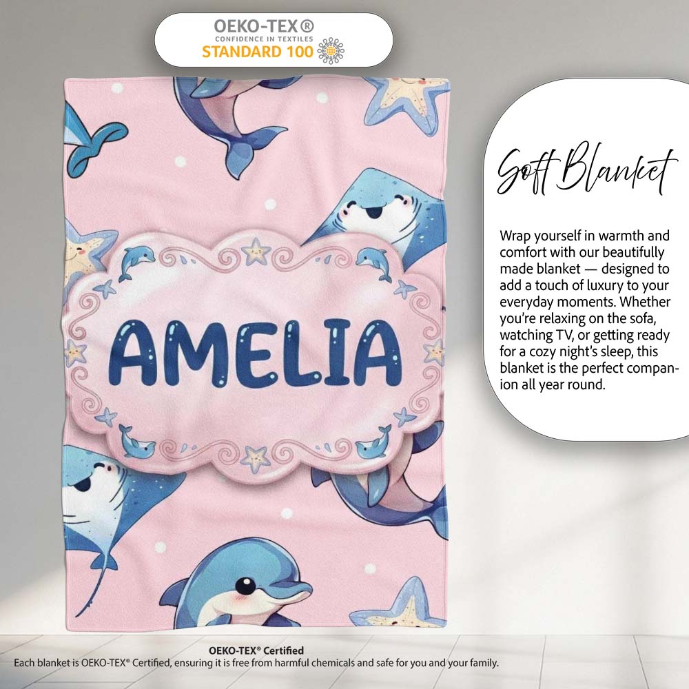 Cute Dolphin Stingray Starfish Cartoon Sea Life Pattern Pink Lovely  Personalised Custom Name Super Soft Fleece Blanket Bed Sofa Throw