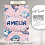 Cute Dolphin Stingray Starfish Cartoon Sea Life Pattern Pink Lovely  Personalised Custom Name Super Soft Fleece Blanket Bed Sofa Throw