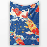 Elegant Japanese Koi Fish with Cherry Blossom Waves Traditional  Personalised Custom Name Super Soft Fleece Blanket Bed Sofa Throw