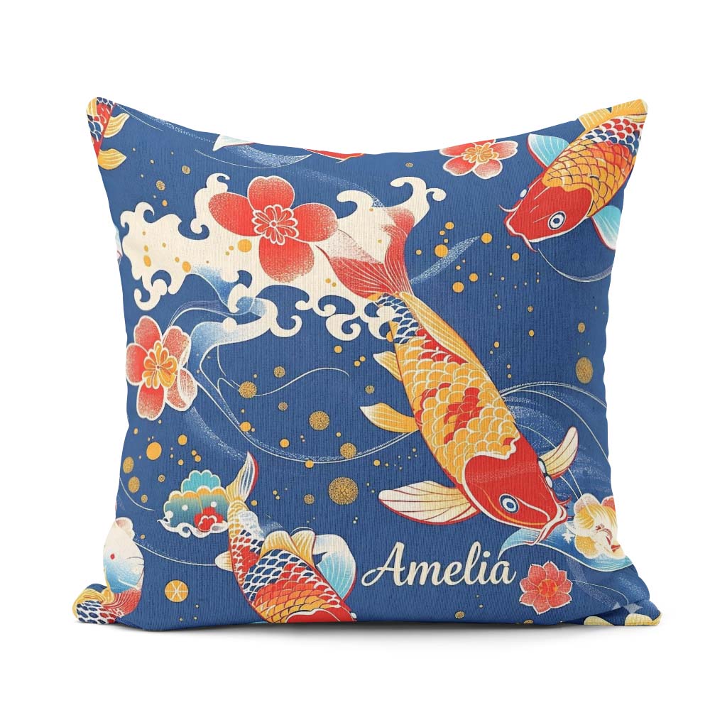 Custom Name Elegant Japanese Koi Fish with Cherry Blossom Waves Square Filled Cushion Throw Pillow Sofa Bed Home Decor Zip Washable UK Made