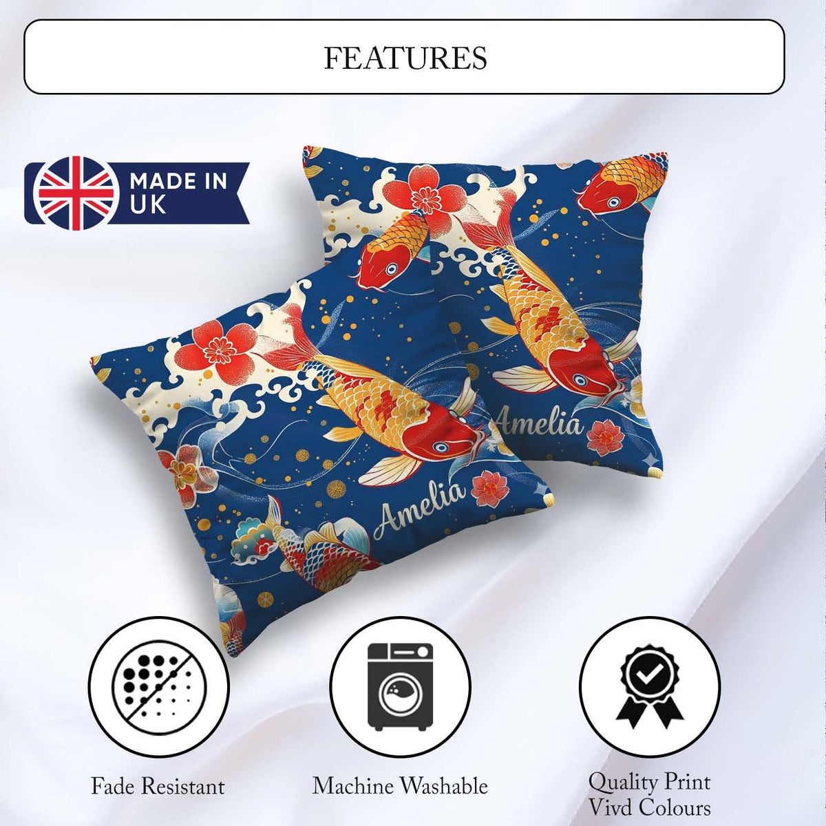 Custom Name Elegant Japanese Koi Fish with Cherry Blossom Waves Square Filled Cushion Throw Pillow Sofa Bed Home Decor Zip Washable UK Made
