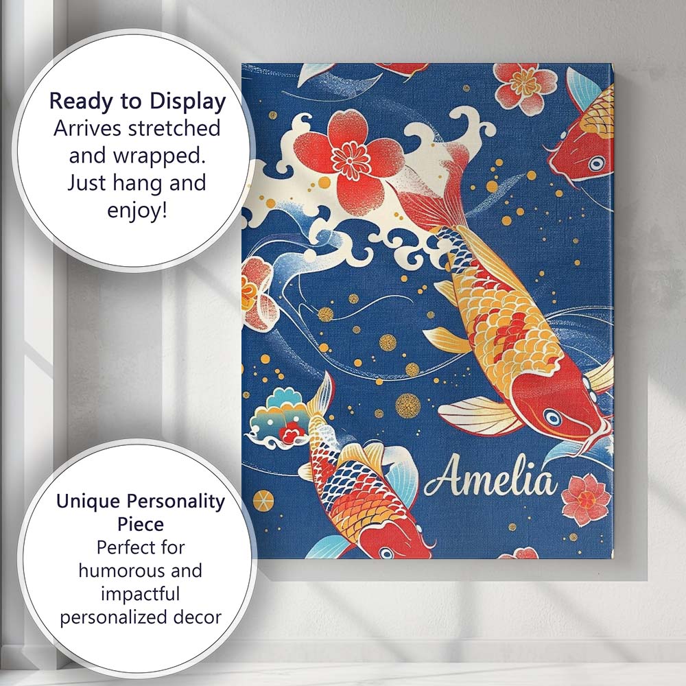 Personalised Name Elegant Japanese Koi Fish Custom  Bespoke Interior Contemporary Canvas Wall Art Print Decor Picture Ready to Hang