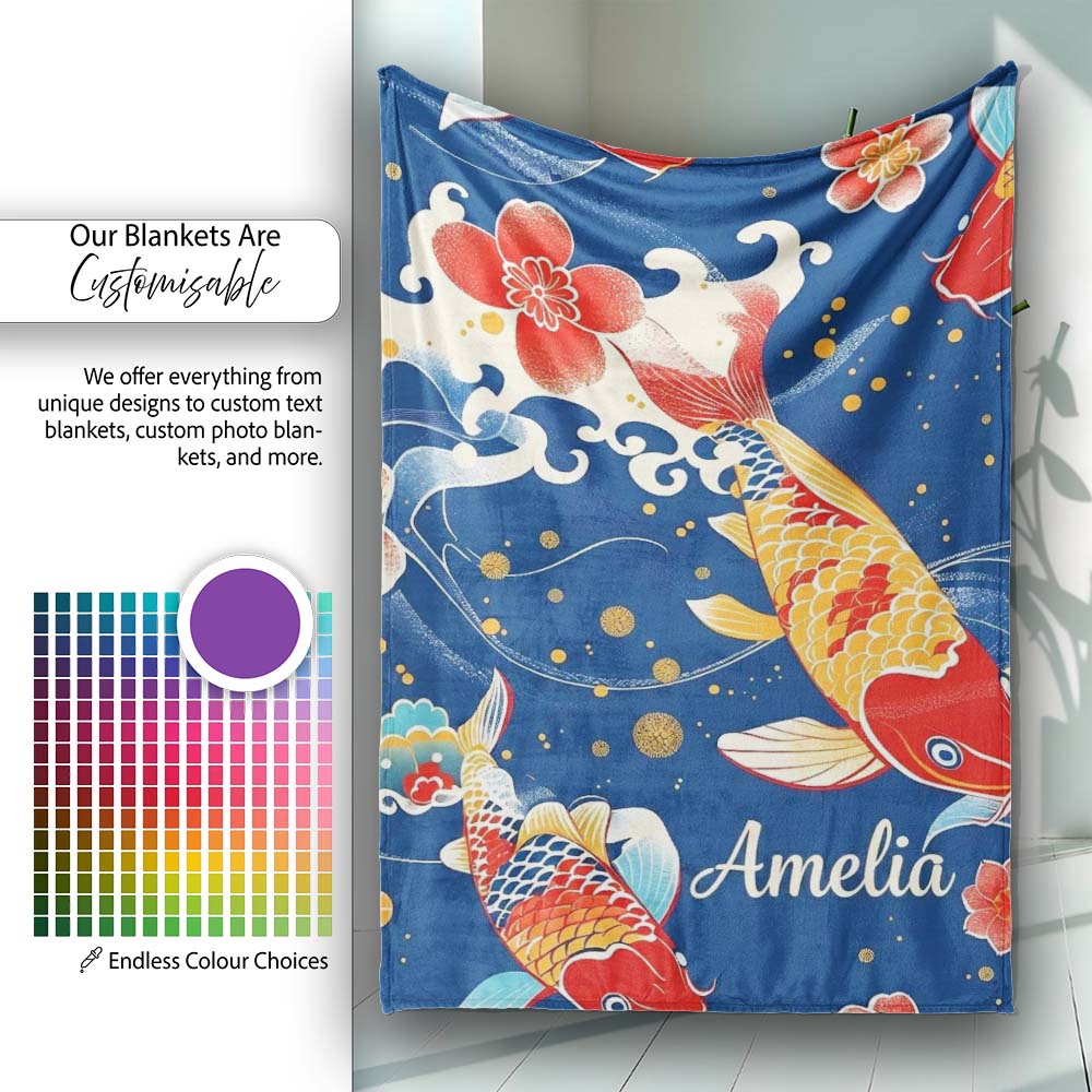 Elegant Japanese Koi Fish with Cherry Blossom Waves Traditional  Personalised Custom Name Super Soft Fleece Blanket Bed Sofa Throw