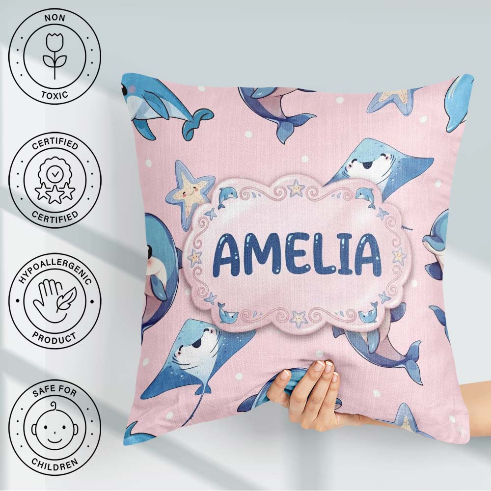 Custom Name Cute Dolphin Stingray Starfish Cartoon Sea Life Pink Square Filled Cushion Throw Pillow Sofa Bed Home Decor Zip Washable UK Made