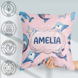 Custom Name Cute Dolphin Stingray Starfish Cartoon Sea Life Pink Square Filled Cushion Throw Pillow Sofa Bed Home Decor Zip Washable UK Made