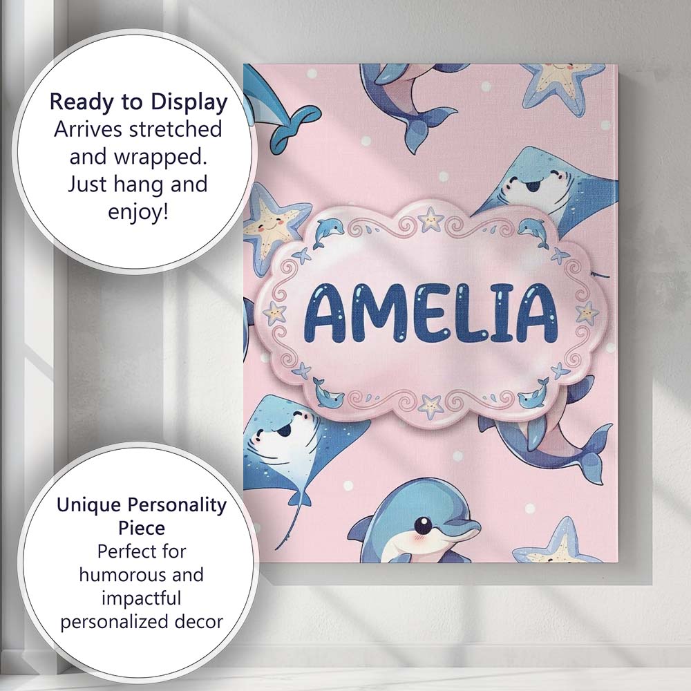 Personalised Name Cute Dolphin Stingray Starfish Cartoon Sea Life Custom  Bespoke Canvas Wall Art Print Decor Picture Ready to Hang