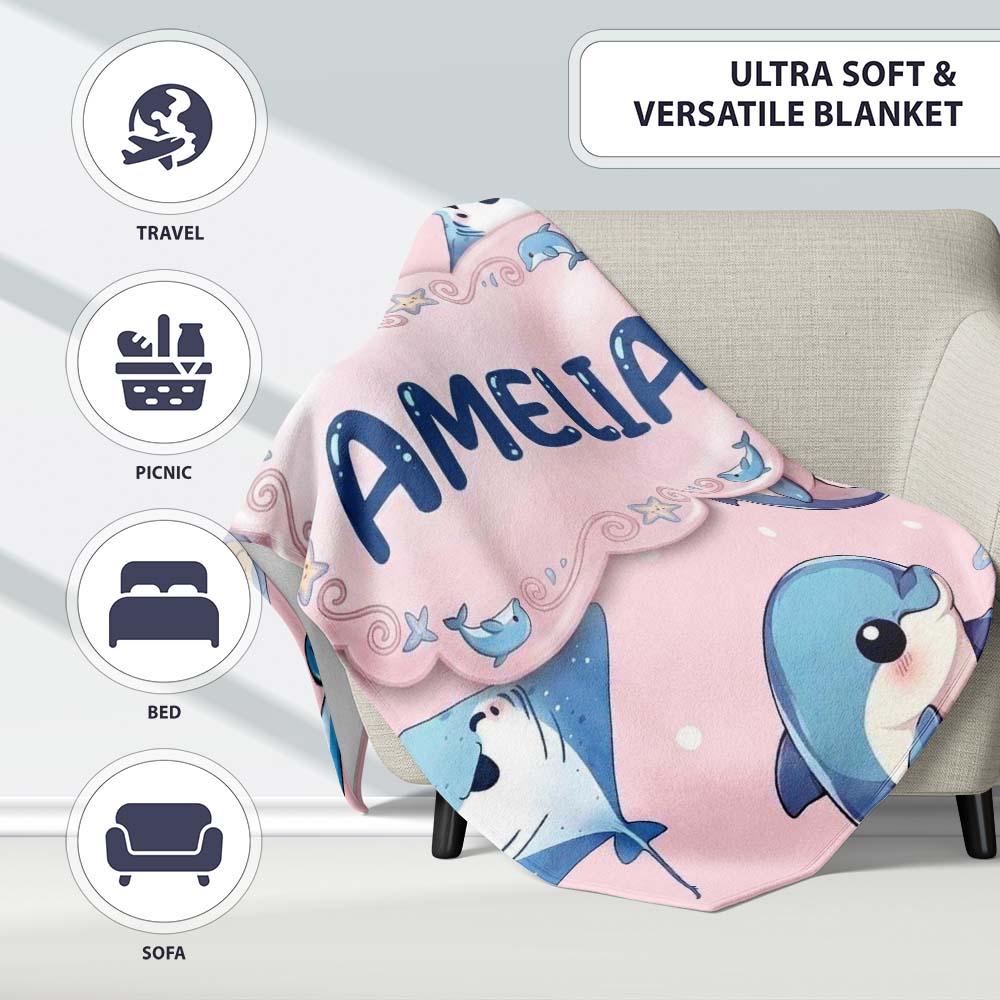 Cute Dolphin Stingray Starfish Cartoon Sea Life Pattern Pink Lovely  Personalised Custom Name Super Soft Fleece Blanket Bed Sofa Throw
