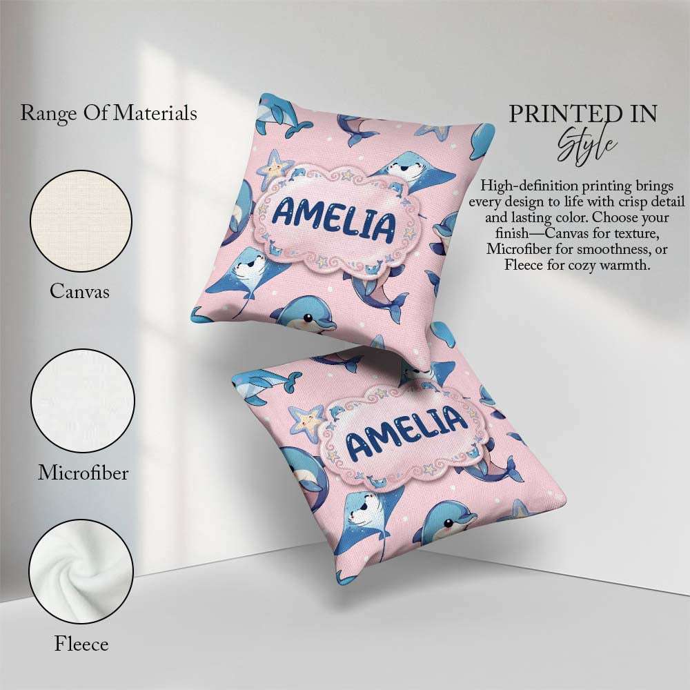 Custom Name Cute Dolphin Stingray Starfish Cartoon Sea Life Pink Square Filled Cushion Throw Pillow Sofa Bed Home Decor Zip Washable UK Made