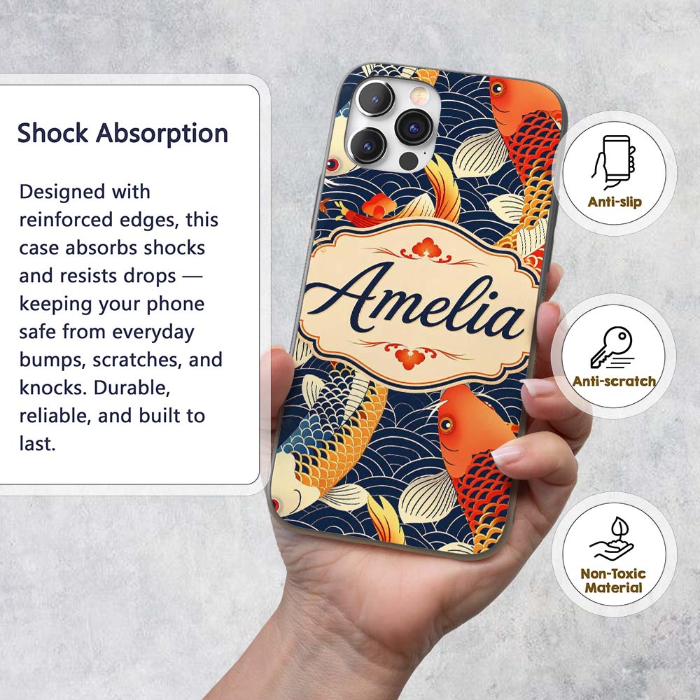 Decorative Koi Fish with Geometric Printed Design Custom Name Protective Phone Case Mobile Cover Durable Everyday Smartphone Shock Resistant