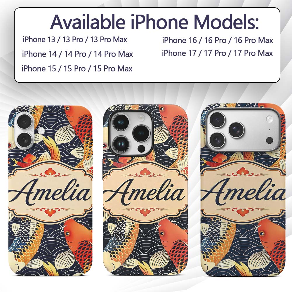 Decorative Koi Fish with Geometric Printed Design Custom Name Protective Phone Case Mobile Cover Durable Everyday Smartphone Shock Resistant